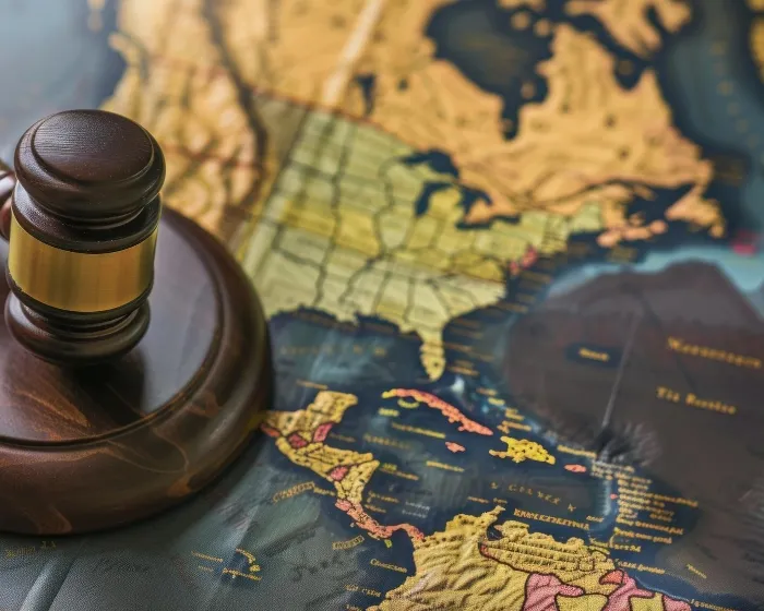 A judge's gavel resting on a map of the Americas, symbolizing cross-border immigration law